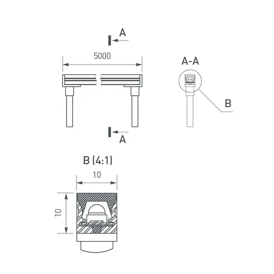 Фото #4 товара Грейзер THOR-TOP-B70-10x10mm 24V White6500 (15 W/m, IP67, 5m, wire x2) (Arlight, Вывод вниз, 3 года)