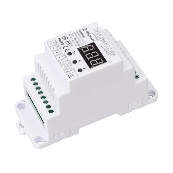 Фото товара INTELLIGENT ARLIGHT Декодер SMART-DMX512-103-62-RDM-DIN (12-48V, 3x6A) (IARL, IP20 Пластик, 5 лет)